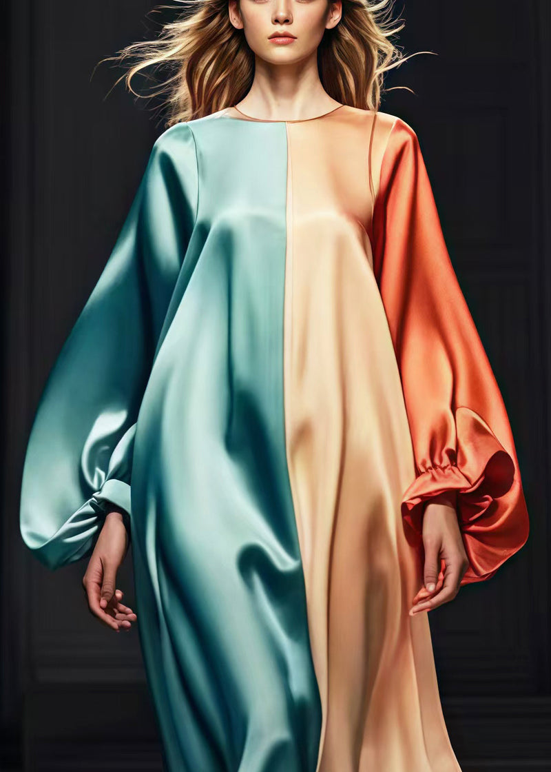 Colorblock Oversized Patchwork Silk Dress Lantern Sleeve