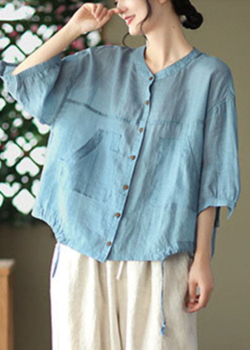 Light Blue Pockets Linen Shirt Tops Color Drawstring Bracelet Sleeve