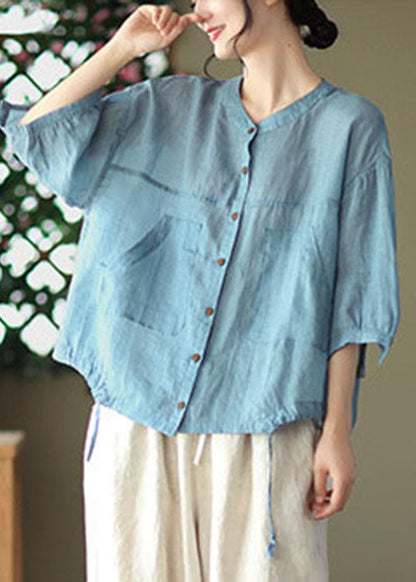 Light Blue Pockets Linen Shirt Tops Color Drawstring Bracelet Sleeve