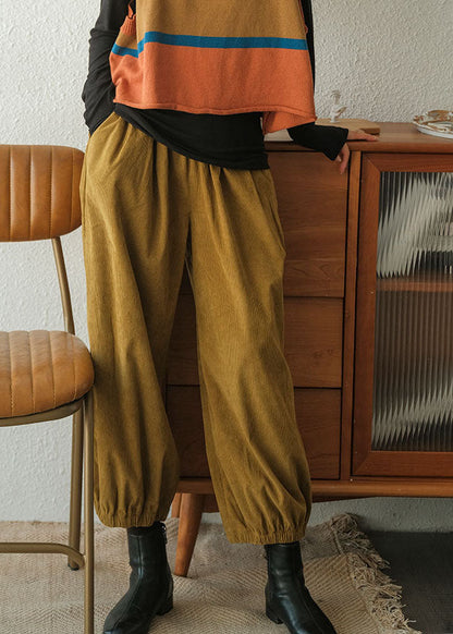 Yellow Elastic Waist Corduroy Harem Pants Fall
