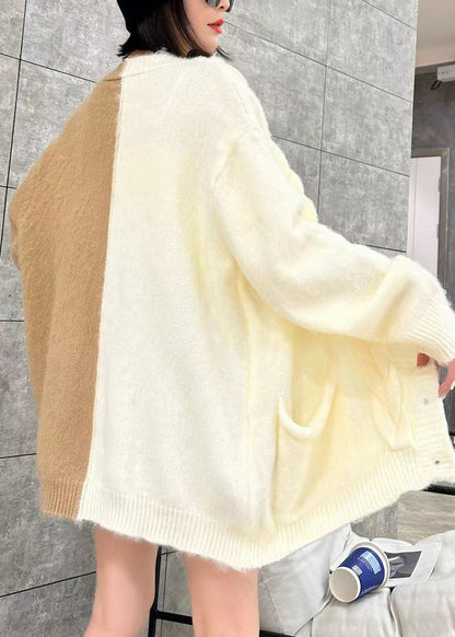 Beige V Neck Pockets Button Patchwork Knit Cardigan Spring
