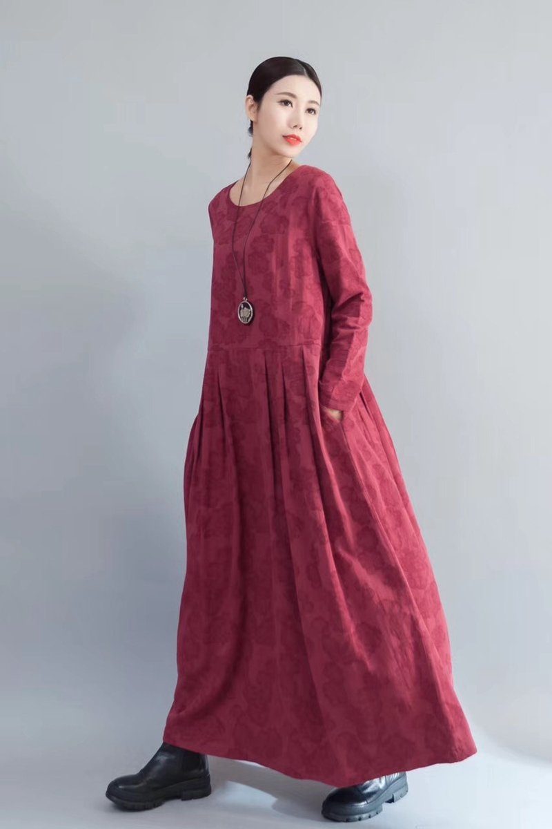 Flower Long Sleeve Maxi Dresses Outfits in Red