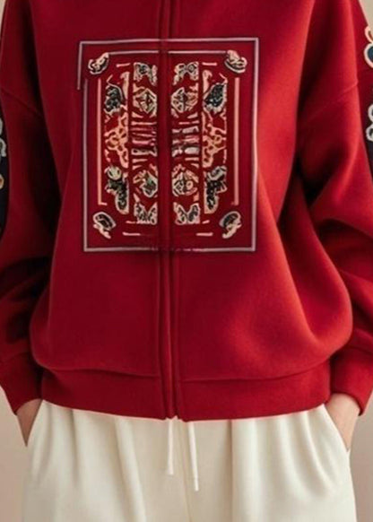 Chinese Style Red Stand Collar Print Zippered Fall Coats