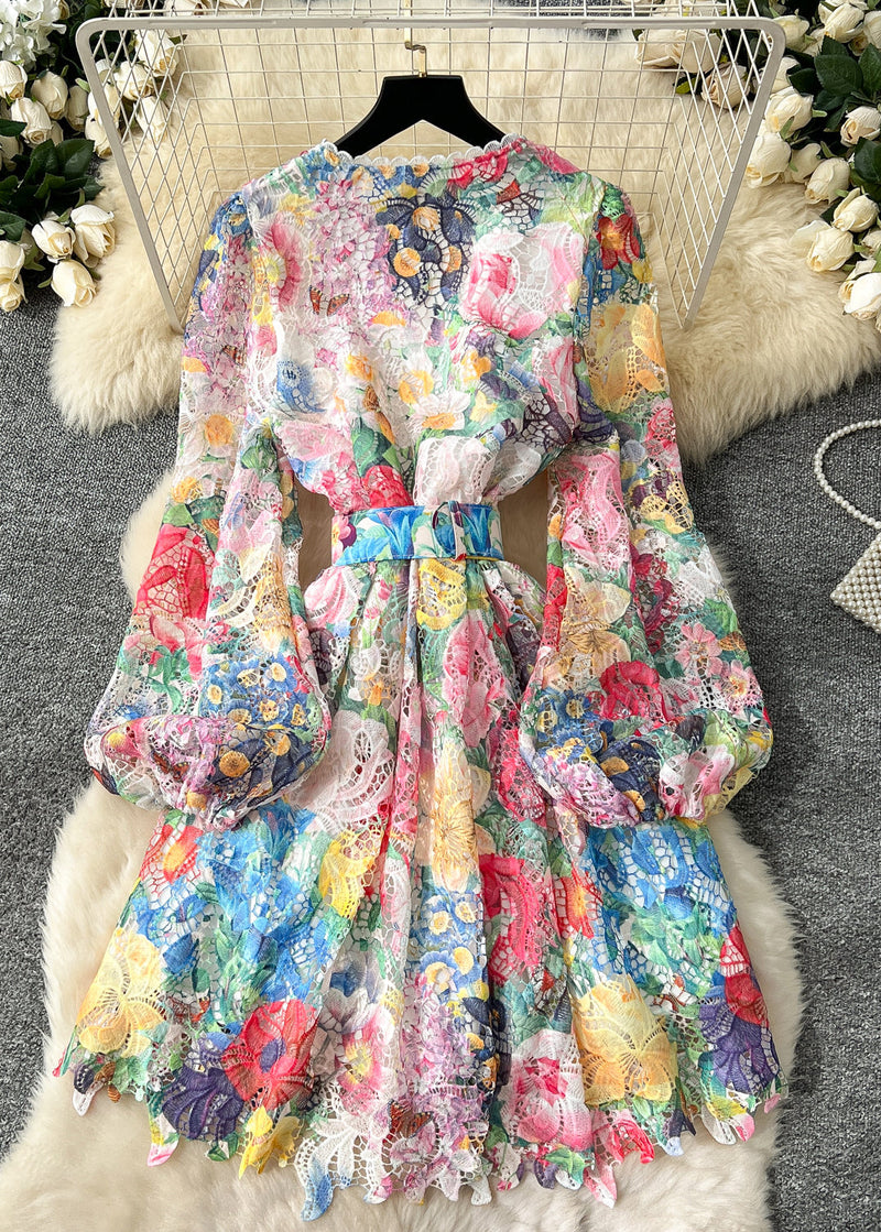 Cinched Print Lace Mid Dress Lantern Sleeve