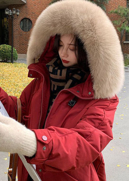 Classy Red Hooded Fur Collar Thick Duck Down Jacket in Winter