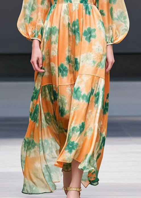 Orange Print Exra Large Hem Chiffon Long Dress Fall