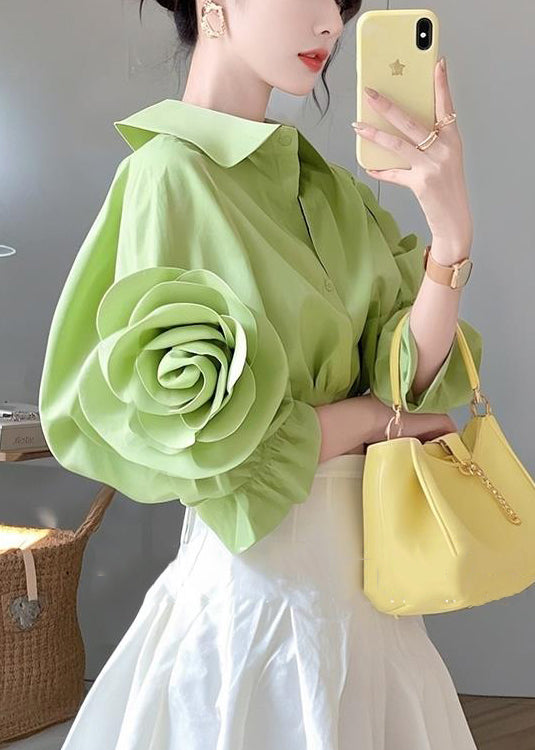 Green Peter Pan Collar Button Cotton Blouses Half Sleeve