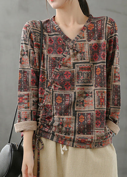 V Neck Print Drawstring Top Spring