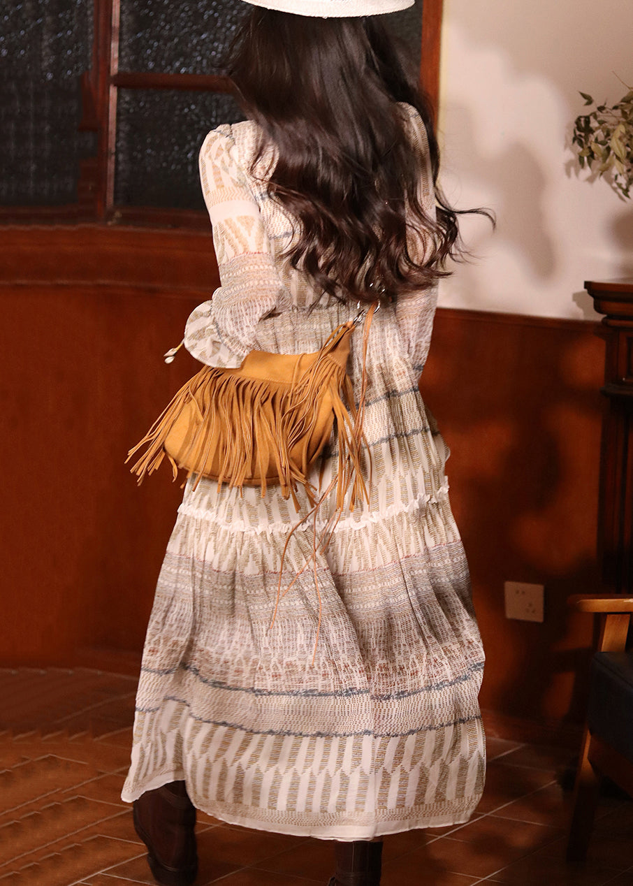 Ruffled Print Lace Up Cotton Maxi Dresses Flare Sleeve