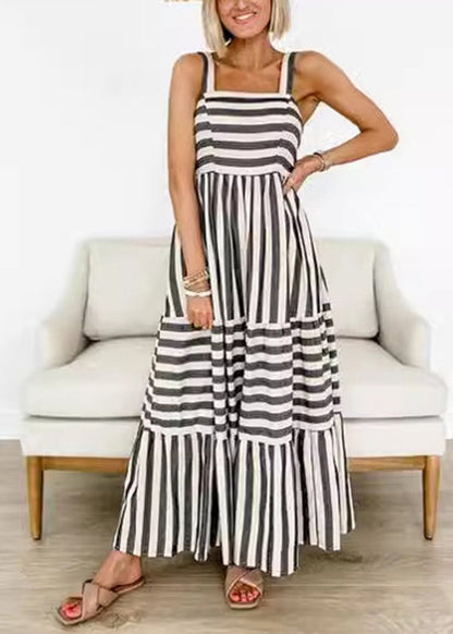 Grey Striped Wrinkled Cotton Spaghetti Strap Dresses Summer