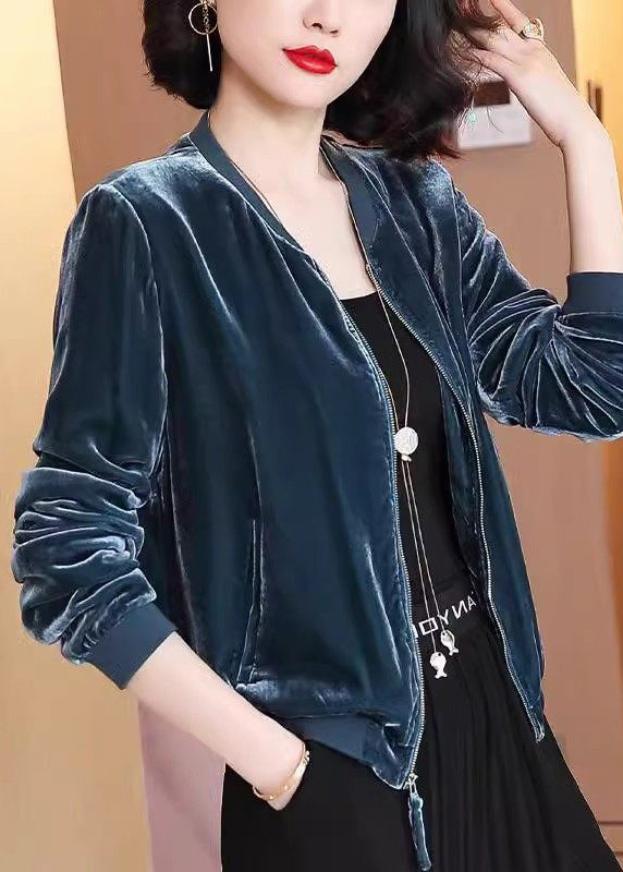 Navy Zip Up Pockets Velour Jacket Spring