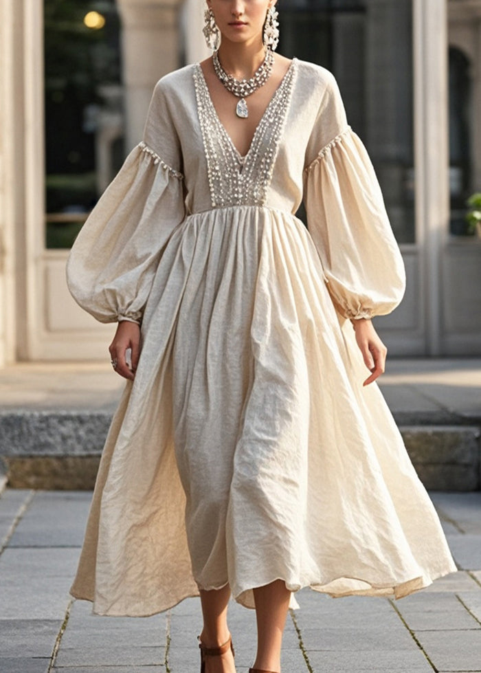 Beige Nail Bead Cotton Maxi Dresses Lantern Sleeve