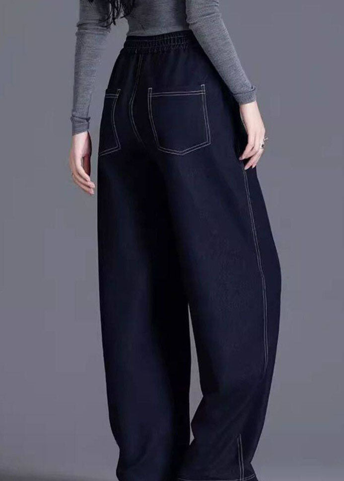 Stylish Navy Pockets Patchwork Elastic Waist Denim Pants Spring