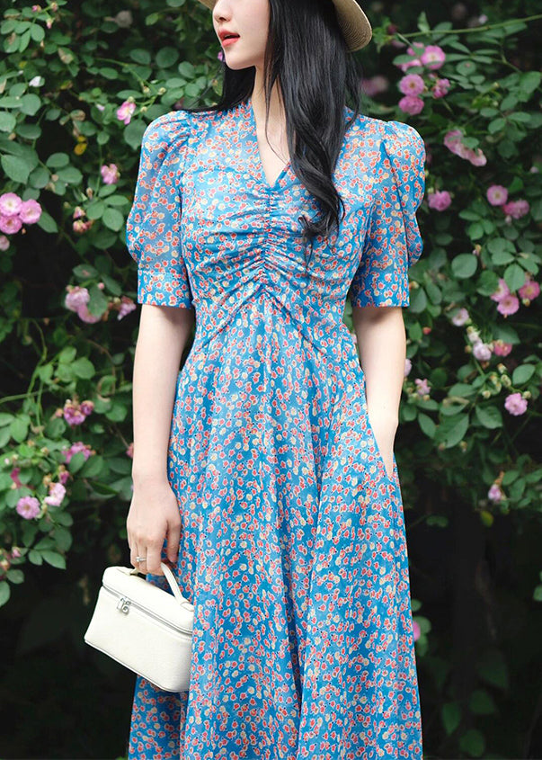 Blue V Neck Print Pockets Cotton Dress Summer