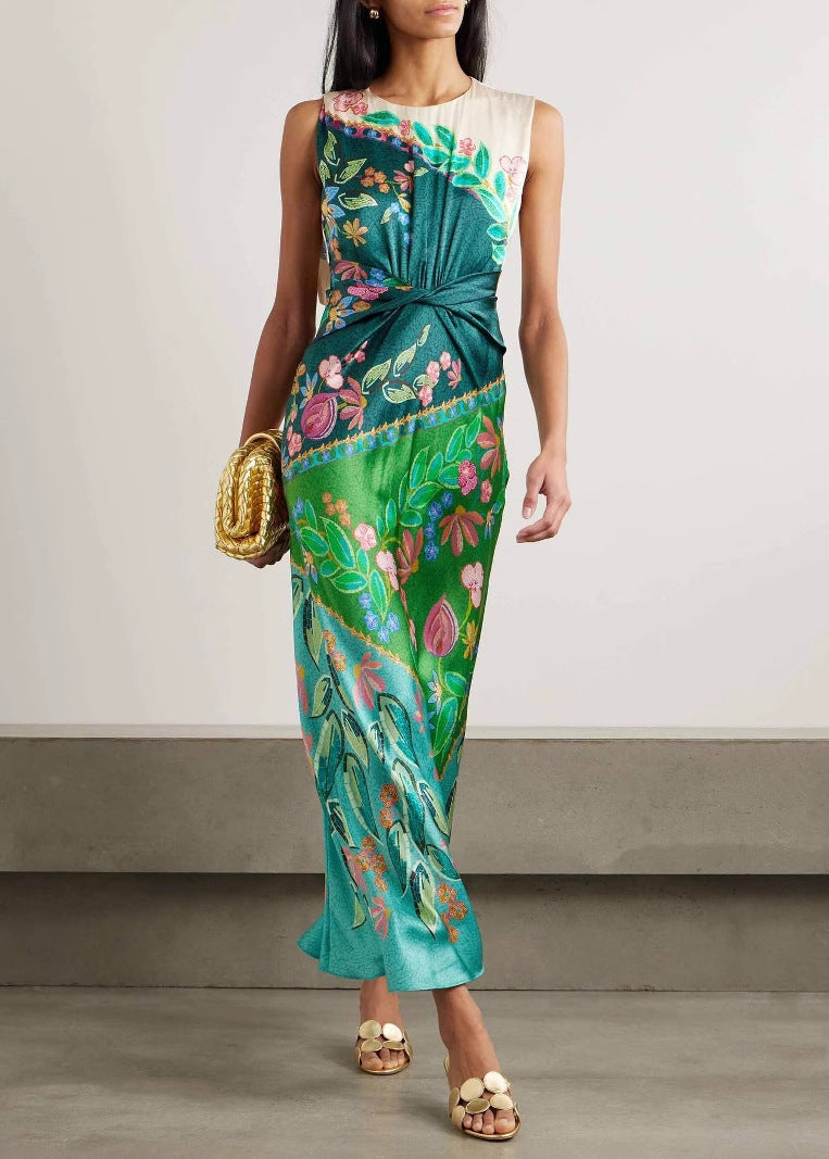 Italian Green O Neck Print Silk Long Dress Sleeveless