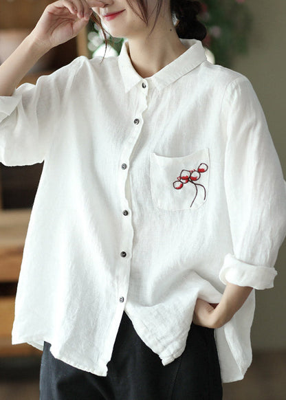 Red Peter Pan Collar Embroidered Button Linen Shirt Long Sleeve