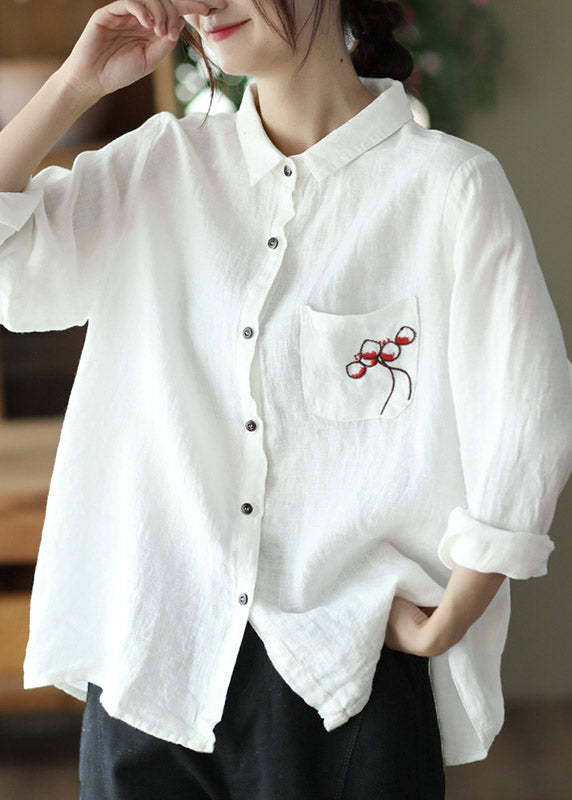 Red Peter Pan Collar Embroidered Button Linen Shirt Long Sleeve