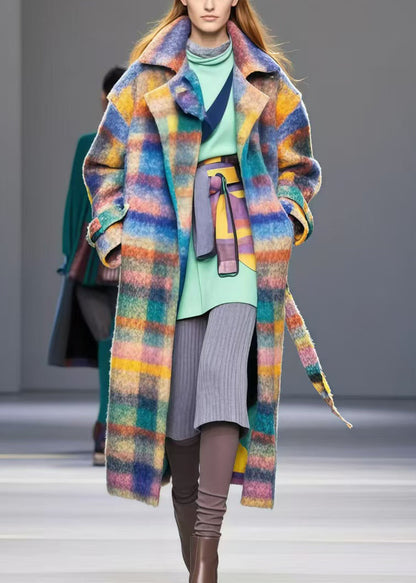 Stylish Multicolor Oversized Plaid Woolen Coat Fall