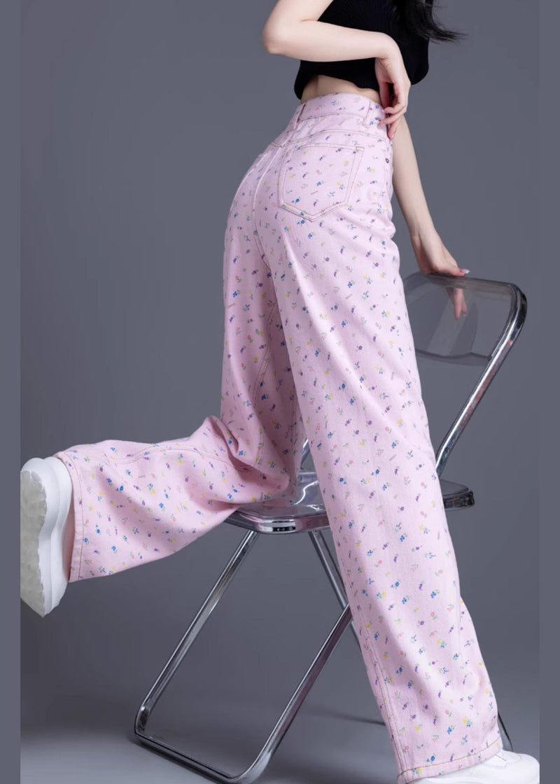 Pink Pockets Print Denim Straight Pants Spring