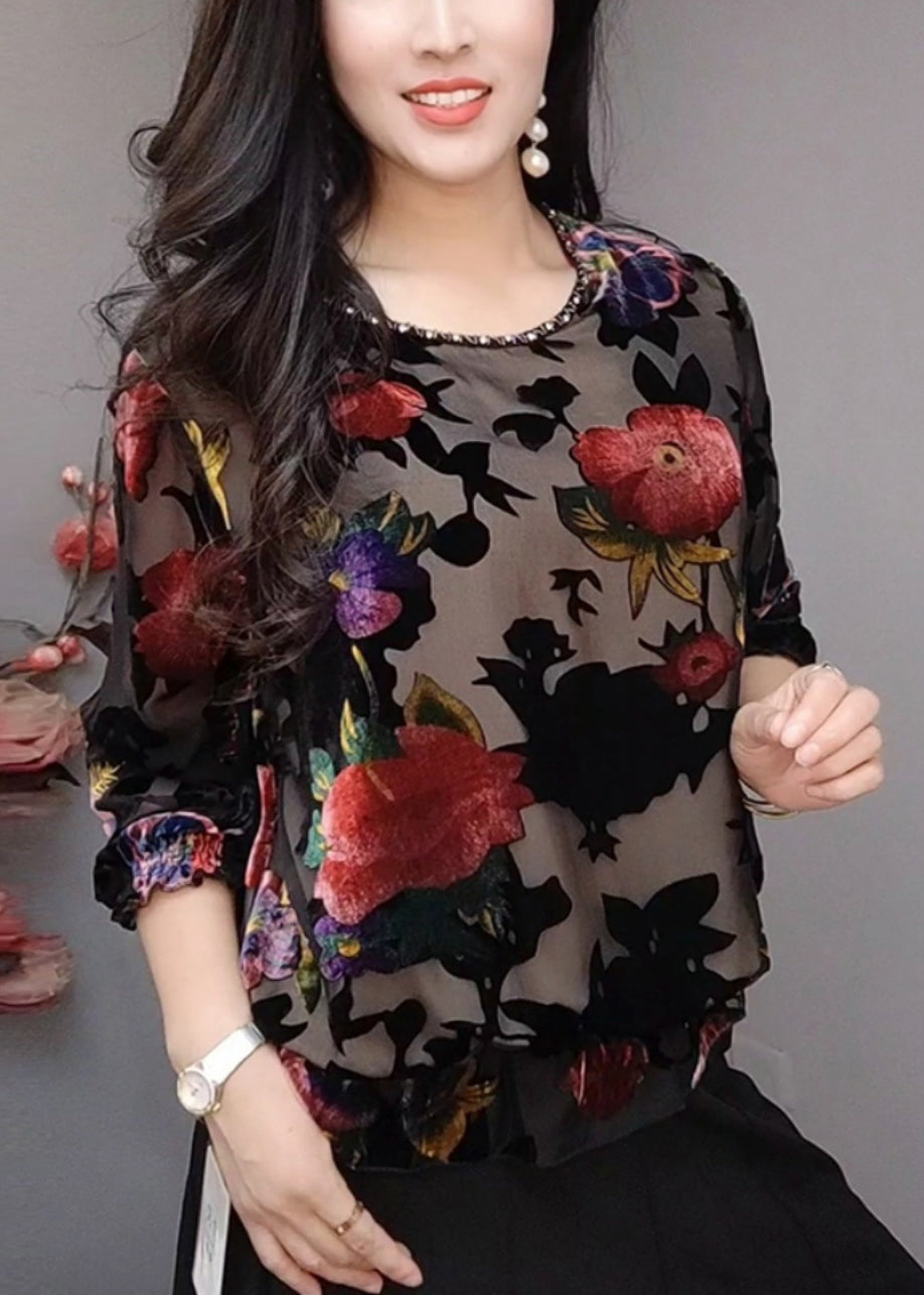 Black O Neck Loose Silk Velour T Shirts Bracelet Sleeve