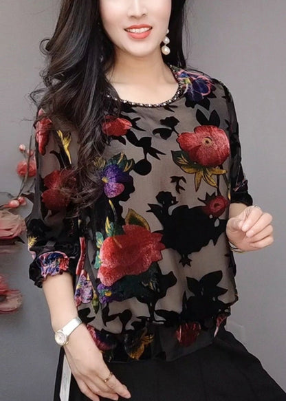 Black O Neck Loose Silk Velour T Shirts Bracelet Sleeve