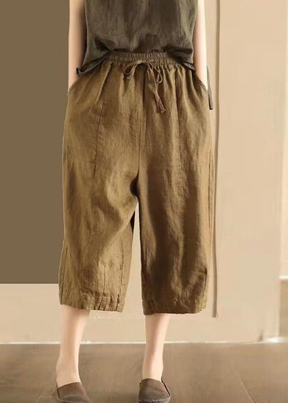 Pockets Elastic Waist Linen Crop Pants Summer