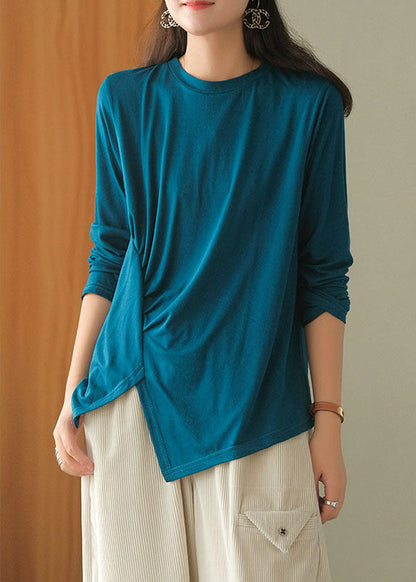 Blue Asymmetrical Design Wrinkled Fall Blouses