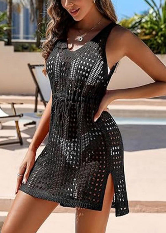 Black Drawstring Hollow Out Knit Cover Up