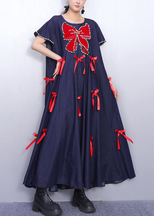Navy Oversized Butterfly Bow Denim Maxi Dresses Summer