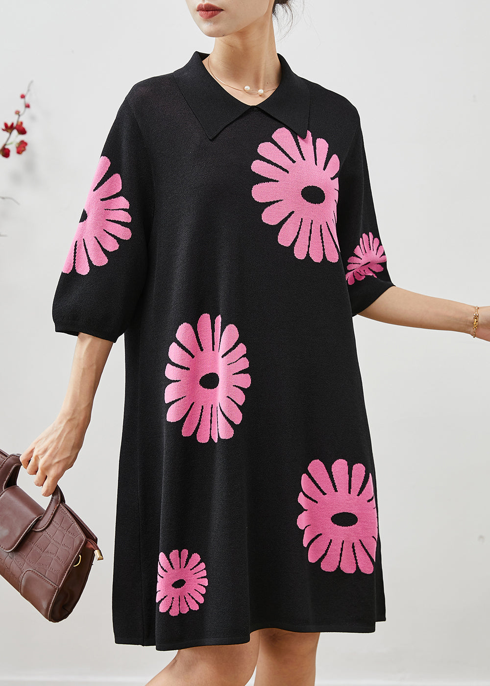 French Black Peter Pan Collar Cotton Mid Dresses Summer