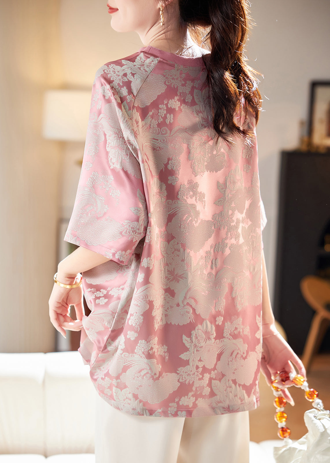 Jacquard Pink O-neck Chiffon T Shirts Half Sleeve
