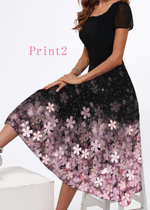 New Square Collar Print Cotton Long Dresses Summer