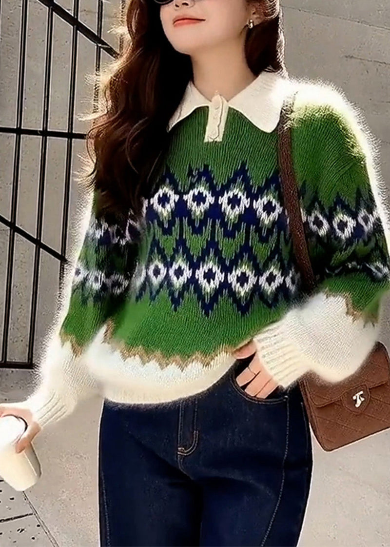 Green Oversized Print Thick Knitted Tops Winter