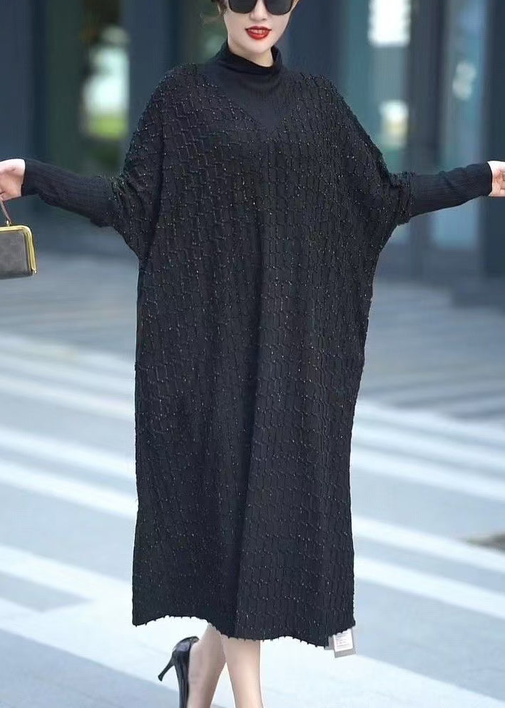 Loose Black Turtleneck Cashmere Maxi Dresses Batwing Sleeve