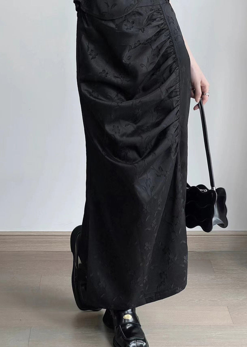 Original Design Chinese Style Black Jacquard Top and Skirt Set Summer