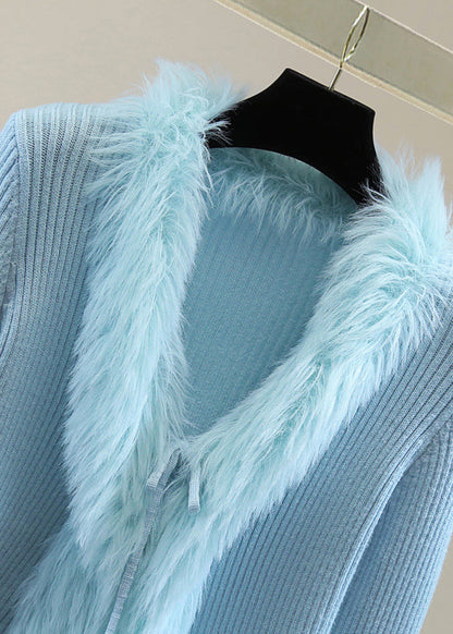 Blue Fur Collar Patchwor Cotton Knit Sweater Winter