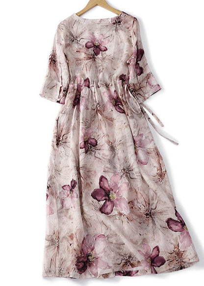 Fine O-neck Print Wrinkled Linen Long Dress Summer