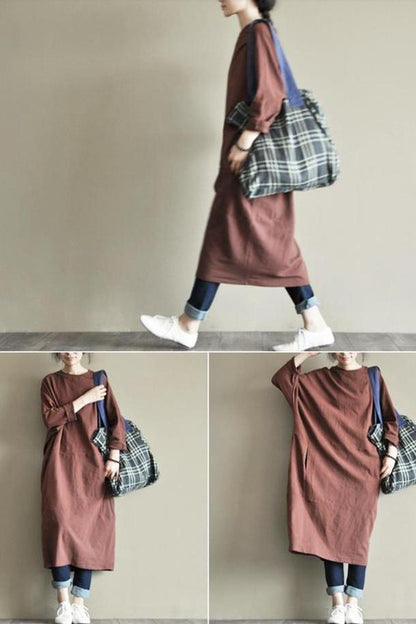Two Colours Round Collar Fleece Long Dress Causel Outfits