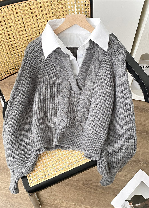 Grey False Two Pieces Patchwork Knit Pullover Spring