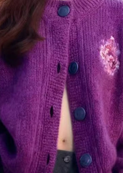Purple O Neck Button Cozy Knit Cardigan Winter
