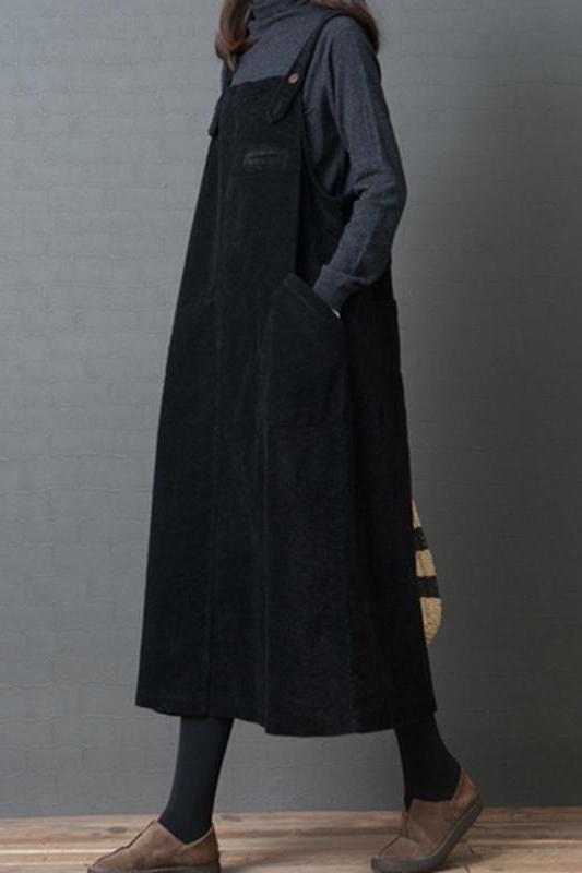 Corduroy Loose Large Pocket Suspenders Dress