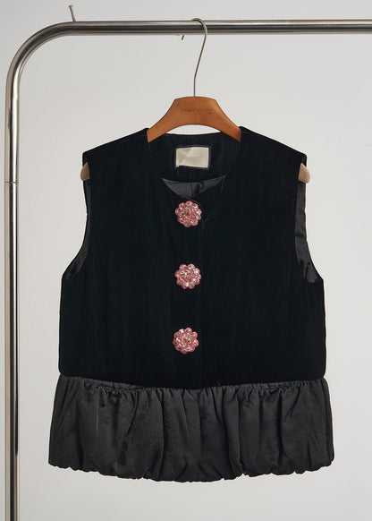 Modern Black Flower Decorated Patchwork Silk Velvet Vests Sleeveless