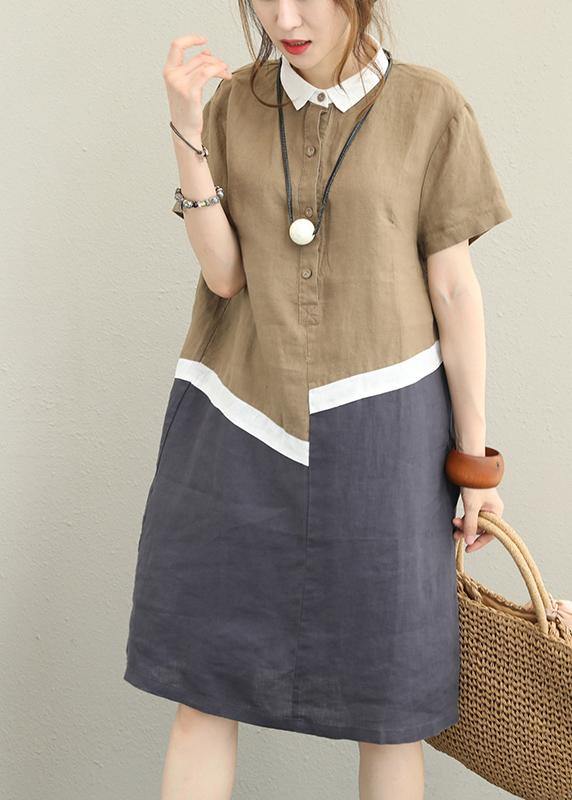 Unique Khaki Linen Dress Lapel Patchwork Cotton Dress