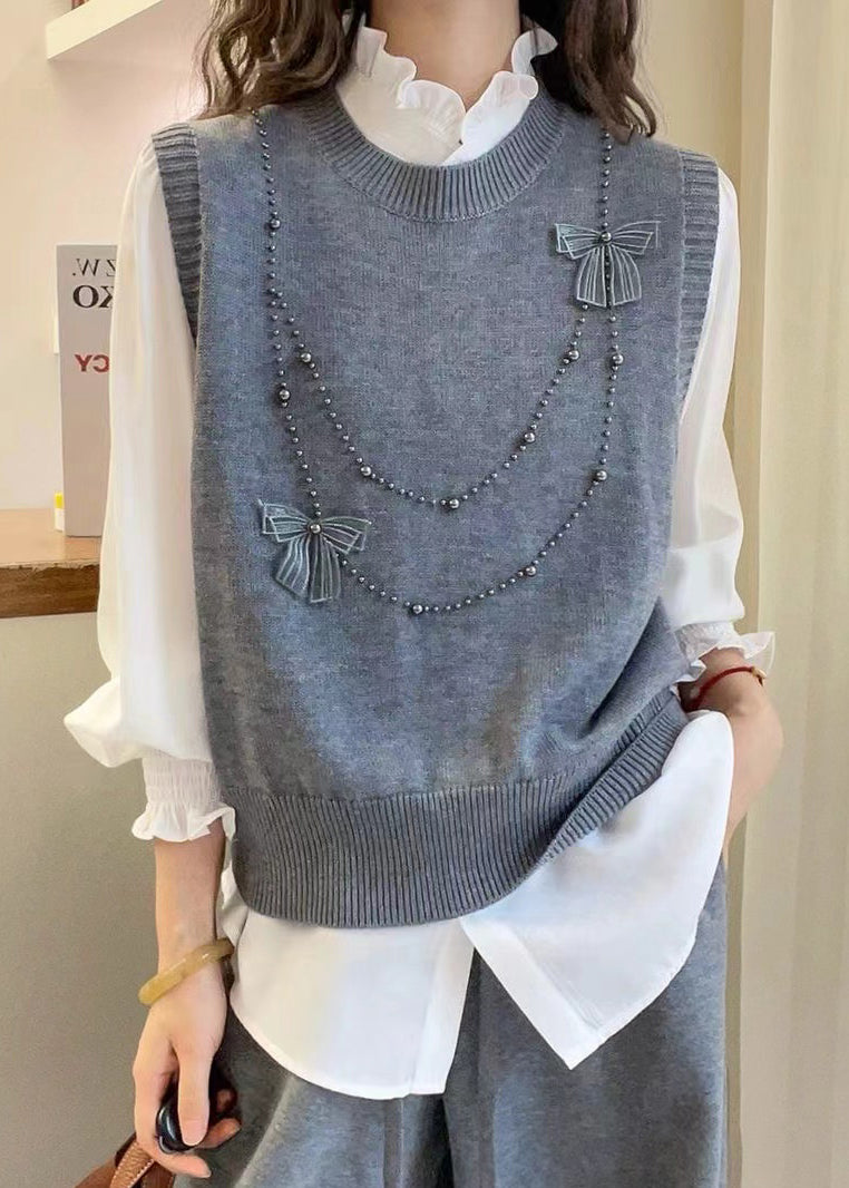 Grey Butterfly Nail Bead Knit Vest Summer