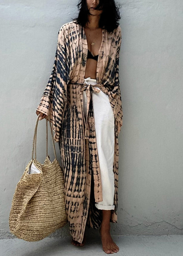 Khaki V Neck Print Cotton Loose Cardigan Summer