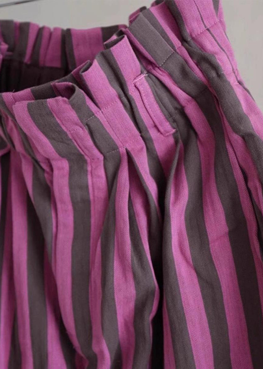 Purple Striped Elastic Waist Cotton Wide Leg Pants Summer
