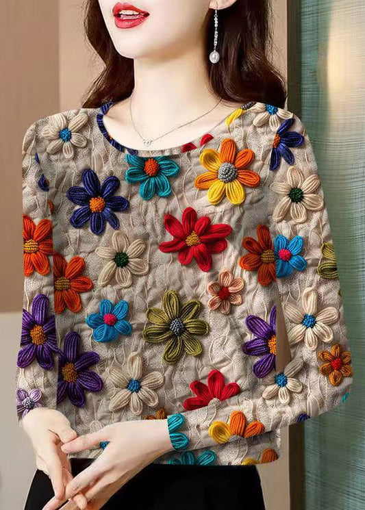 Khaki O Neck Patchwork Cotton T Shirt Fall