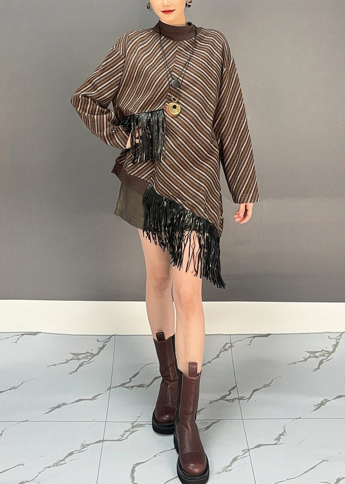Brown O-neck Asymmetrical Tassel Wool Knit Long Sweater Dress Winter