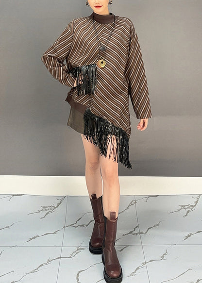 Brown O-neck Asymmetrical Tassel Wool Knit Long Sweater Dress Winter