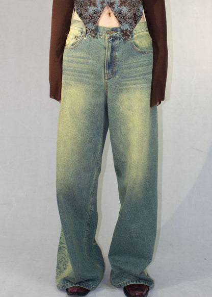 Blue Print Pockets High Waist Denim Pants Fall